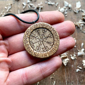 Hand Carved Round Vegvisir and Runes Pendant
