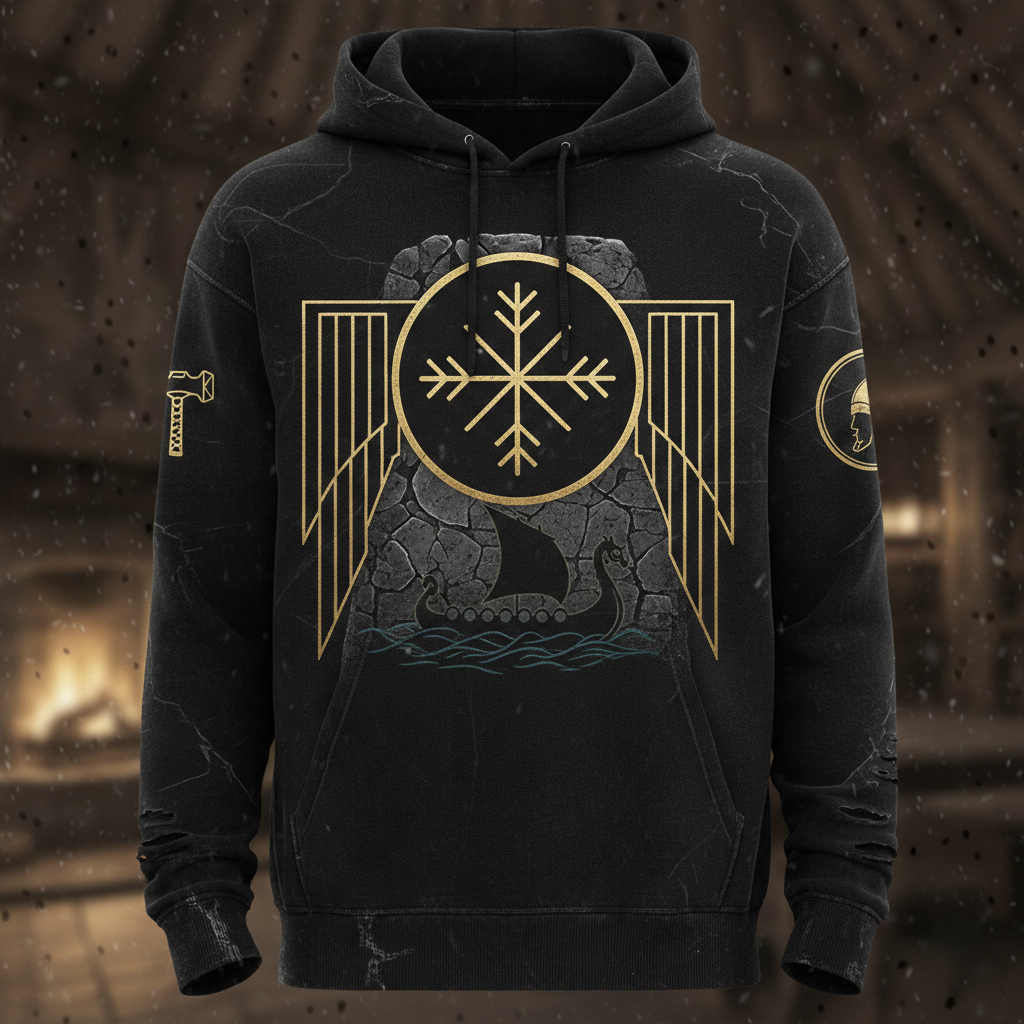 Viking Minimalist: Golden Line-Art Rune Hoodie