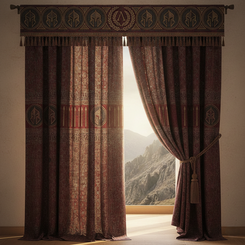 "Shadow of Thermopylae" – Spartan Crimson Ancient Greek Jacquard Curtains