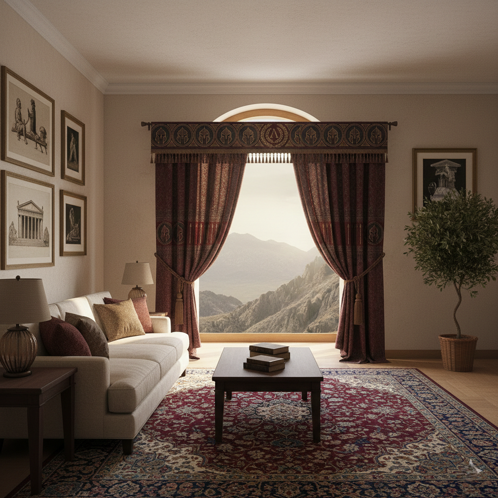 "Shadow of Thermopylae" – Spartan Crimson Ancient Greek Jacquard Curtains
