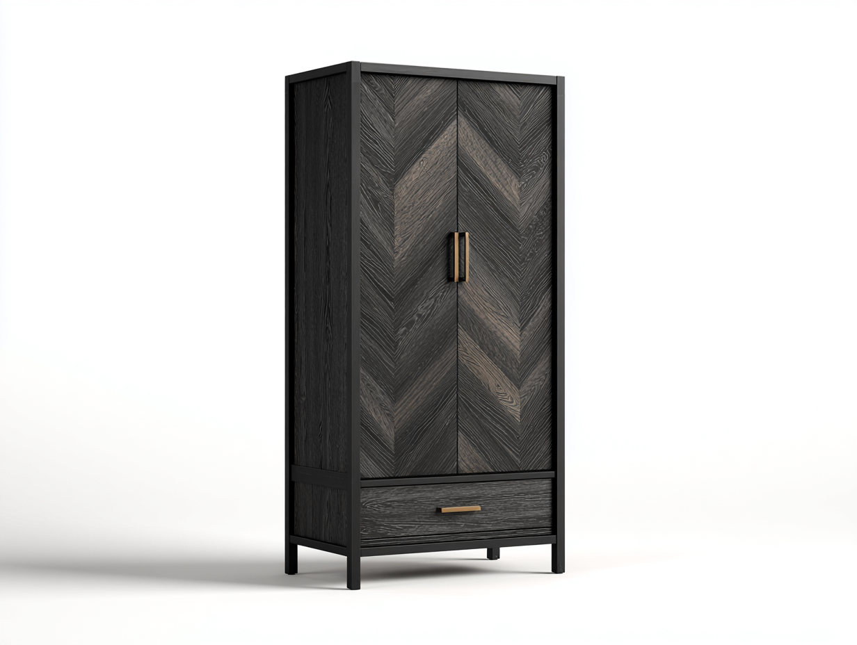 Armario de metal y madera 90x50x185 cm - madera oscura/negro/dorado - para dormitorio - estilo moderno-Graceoliq