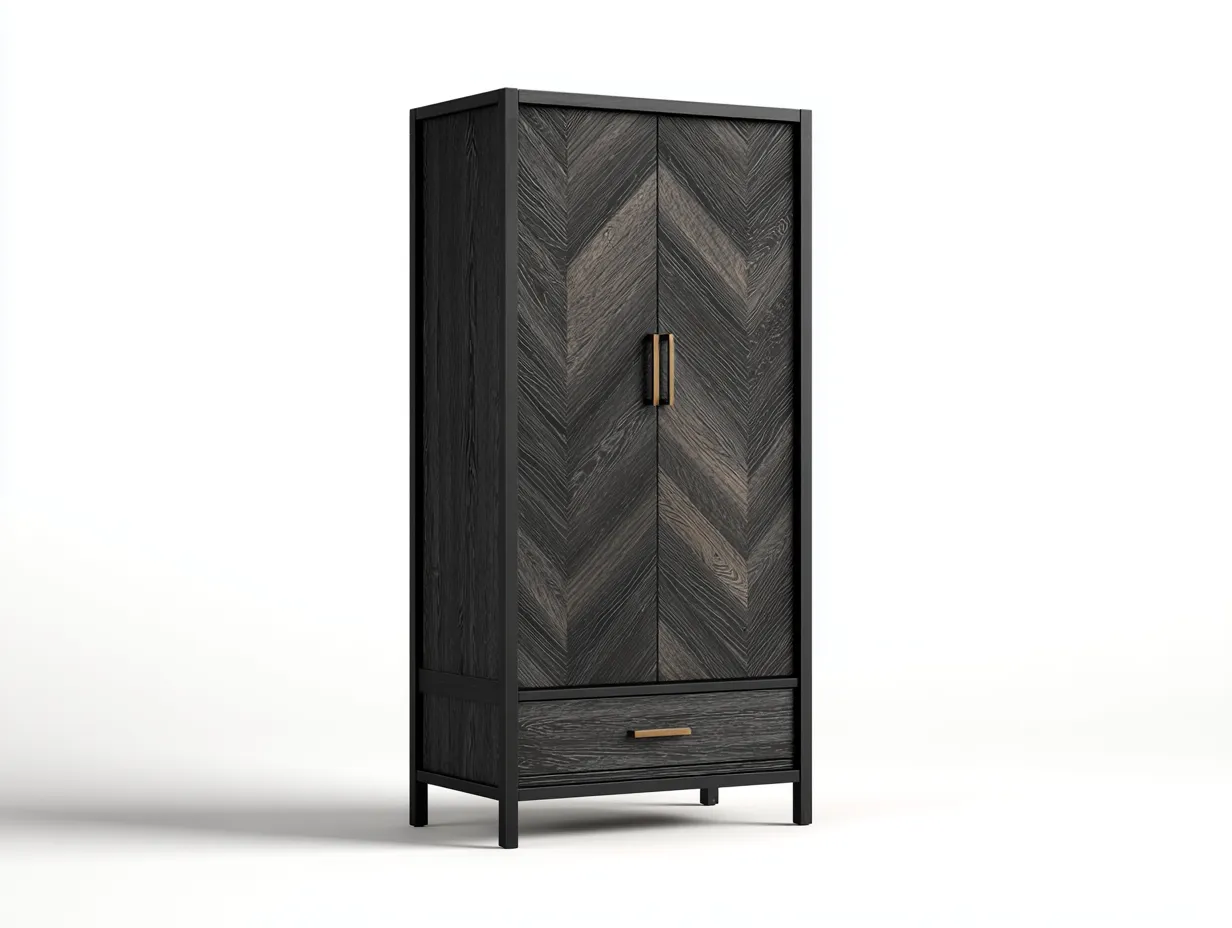 Armario de metal y madera 90x50x185 cm - madera oscura/negro/dorado - para dormitorio - estilo moderno-Graceoliq