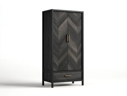 Armario de metal y madera 90x50x185 cm - madera oscura/negro/dorado - para dormitorio - estilo moderno-Graceoliq