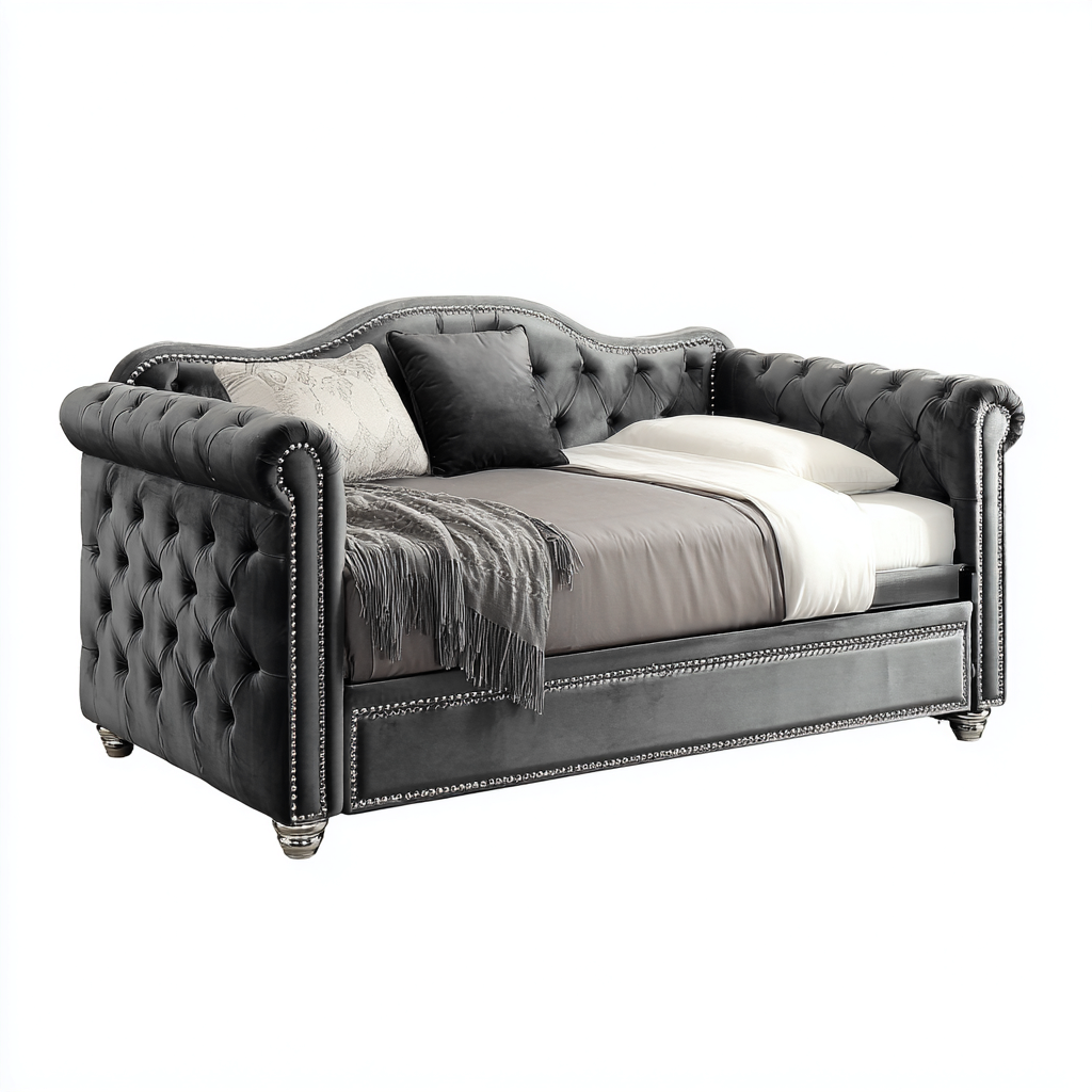 Canapé-lit tissu 215x90x95 cm - gris - style Chesterfield capitonné-Dwellingosa