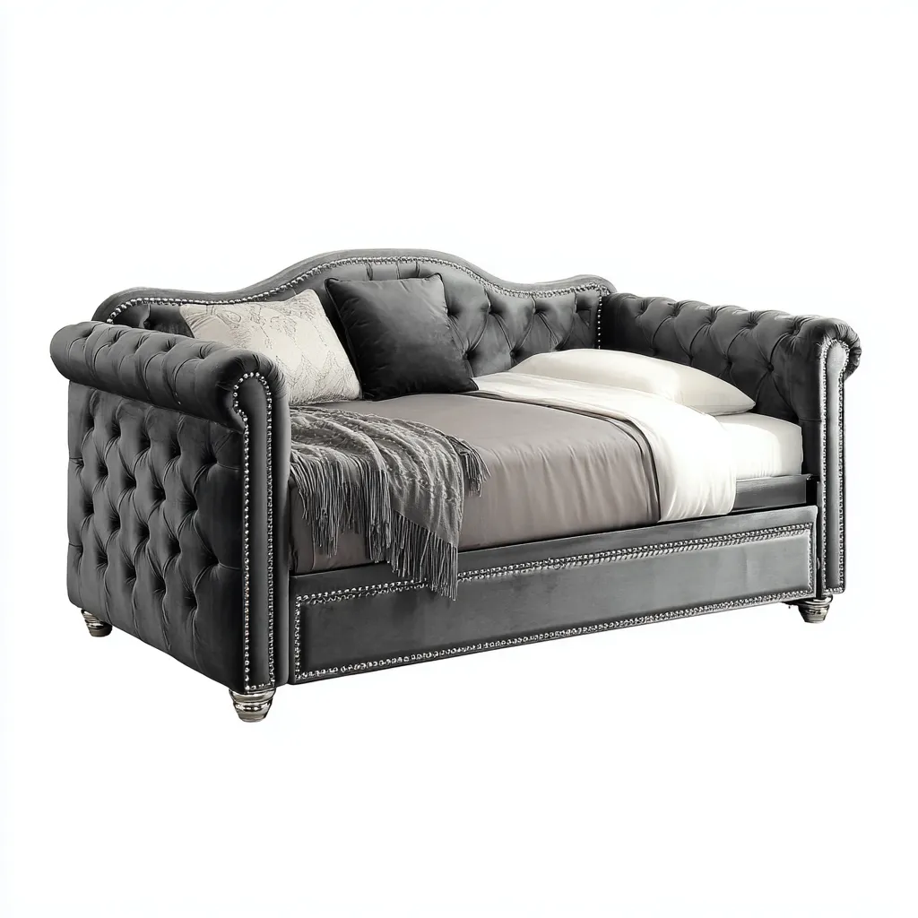 Canapé-lit tissu 215x90x95 cm - gris - style Chesterfield capitonné-Dwellingosa