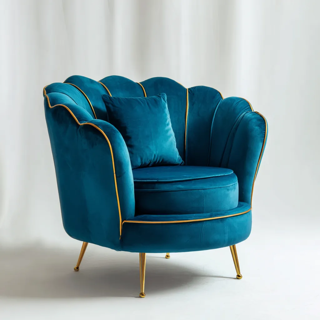 Fauteuil velours turquoise 90x87x82 cm - pieds dorés - design coquillage moderne-Dwellingosa