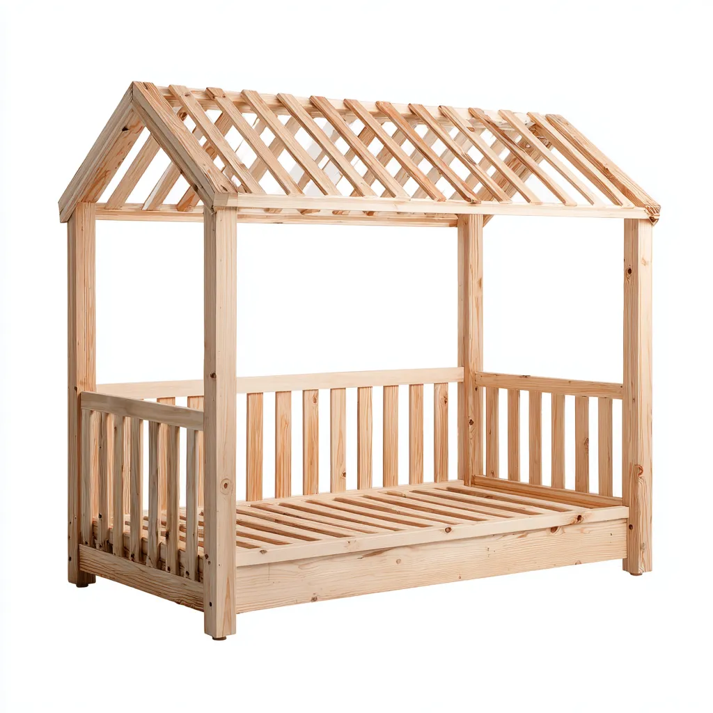 Lit enfant Bois 180x95x165 cm Naturel Cadre maison avec toit ajouré-Dwellingosa