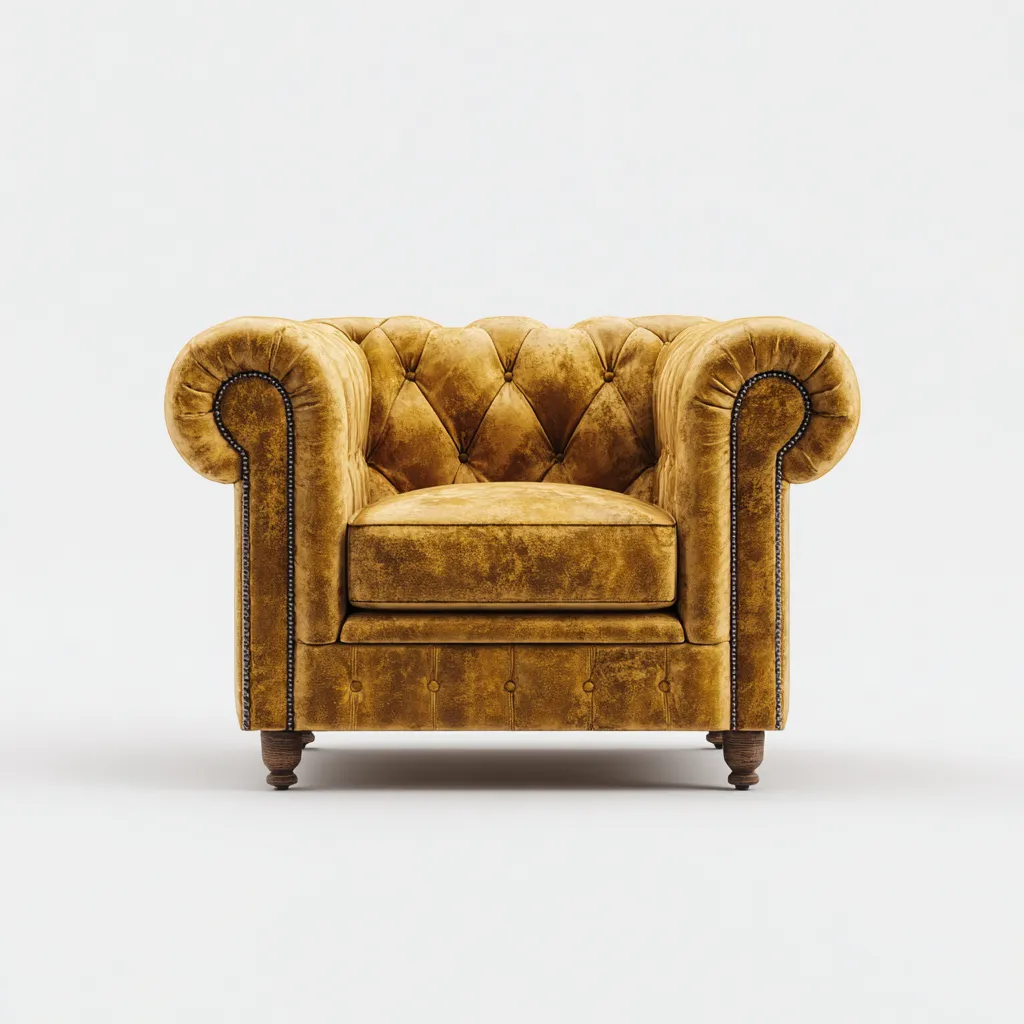 Fauteuil velours jaune capitonné 95x90x78 cm - accoudoirs roulés - style Chesterfield rétro-Dwellingosa