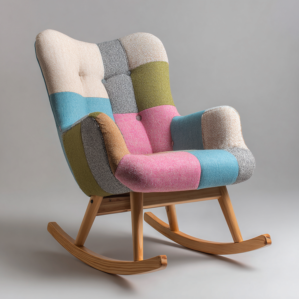 Fauteuil à bascule en tissu patchwork 72x80x98 - multicolore - structure bois - style moderne-Dwellingosa