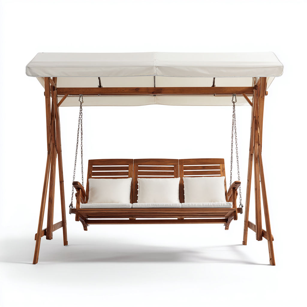 Chaise suspendue bois-tissu 195x130x185 cm - bois-naturel-crème - style détente extérieure-Dwellingosa