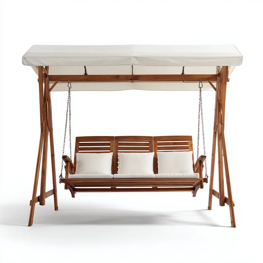 Chaise suspendue bois-tissu 195x130x185 cm - bois-naturel-crème - style détente extérieure-Dwellingosa