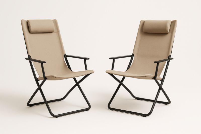 Ensemble de 2 Chaises Pliantes en Métal et Tissu Beige avec Appui-tête