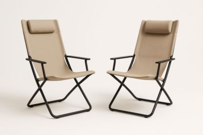 Ensemble de 2 Chaises Pliantes en Métal et Tissu Beige avec Appui-tête