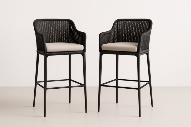 Tabourets de Bar en Rotin Synthétique Noir avec Coussin Beige