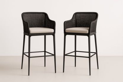 Tabourets de Bar en Rotin Synthétique Noir avec Coussin Beige