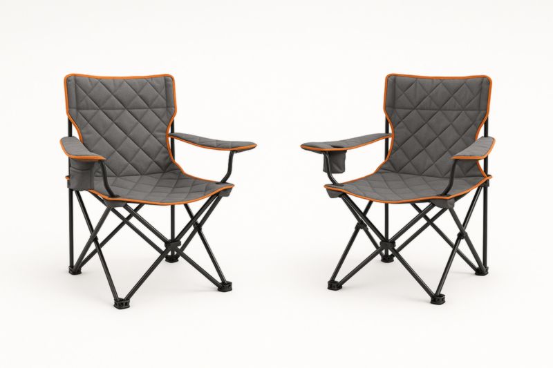 Ensemble de Deux Chaises de Camping en Acier et Polyester Gris avec Bordure Orange