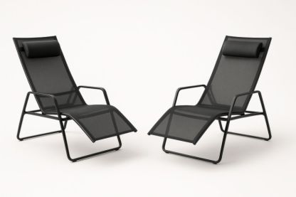 Lot de 2 chaises longues noir en acier et textilène