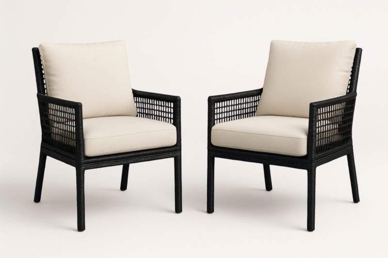 Ensemble de 2 fauteuils en rotin noir avec coussins en polyester beige