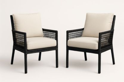 Ensemble de 2 fauteuils en rotin noir avec coussins en polyester beige