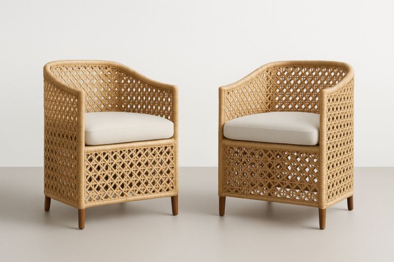 Lot de 2 fauteuils rotin synthétique beige clair coussins polyester