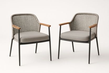 Paire de chaises en aluminium avec accoudoirs en bois et assise en corde