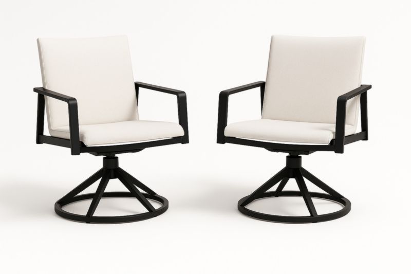 Paire de fauteuils pivotants en aluminium noir et tissu blanc
