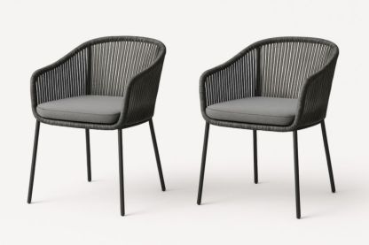 Lot de 2 chaises avec corde noir, coussins gris et pieds en métal
