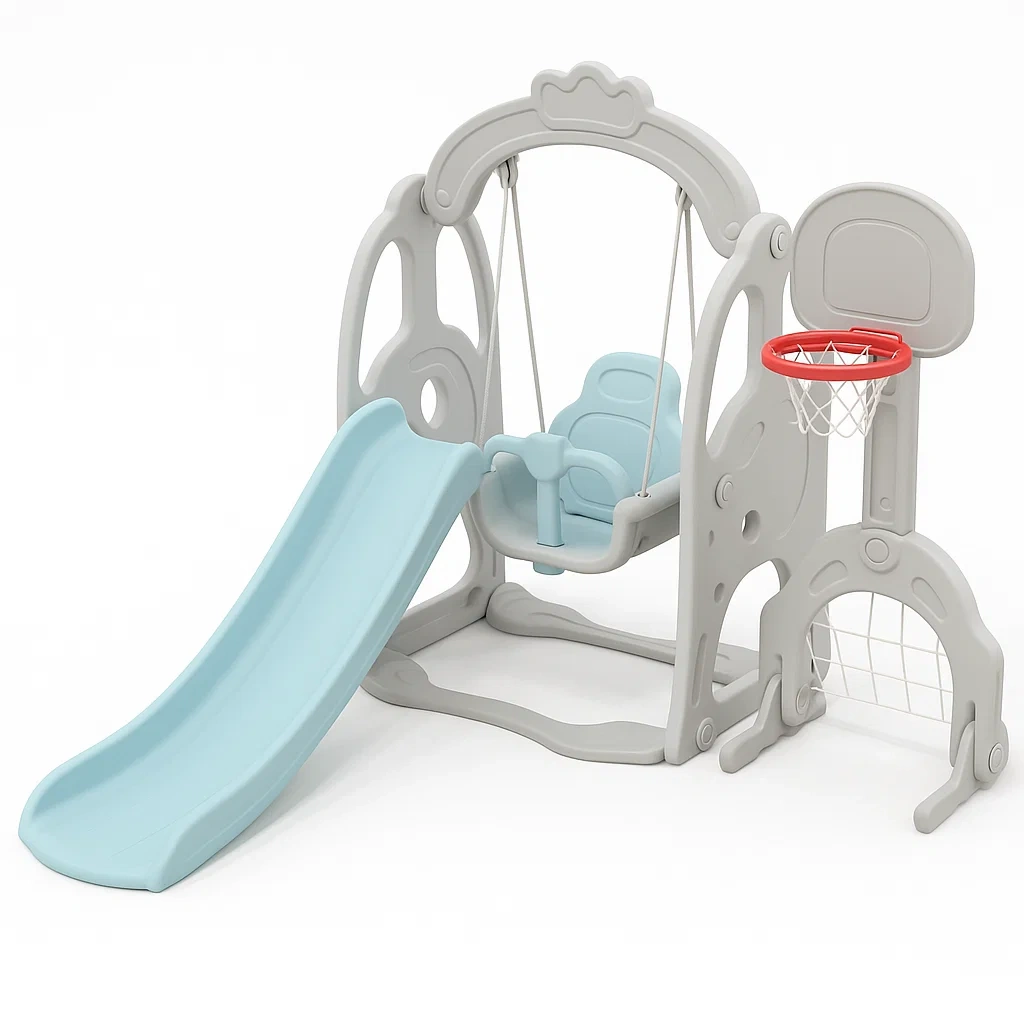 Parco giochi per Bambini in Plastica PE Blu/Grigio con Scivolo e Canestro da Basket