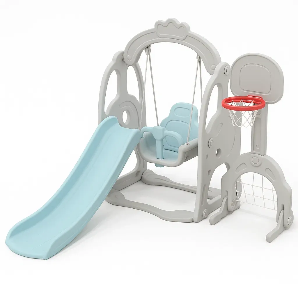 Parco giochi per Bambini in Plastica PE Blu/Grigio con Scivolo e Canestro da Basket