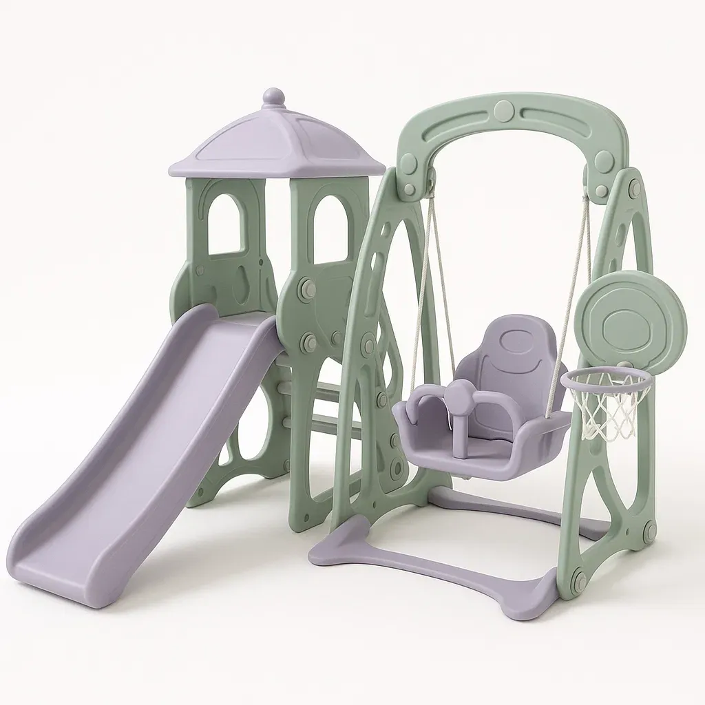 Parco giochi in Plastica con Scivolo, Altalena e Canestro Verde/Lilla