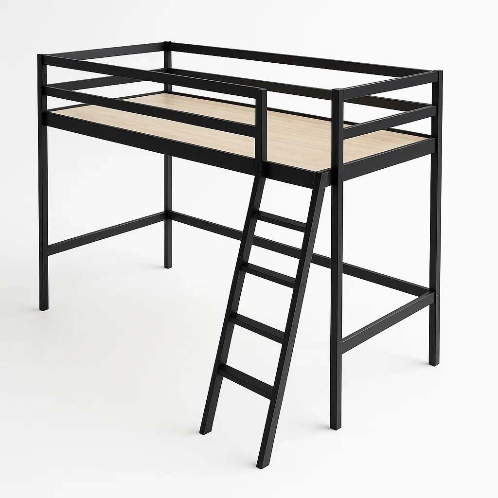 Letto a soppalco in Metallo Nero con Piano in Legno Chiaro