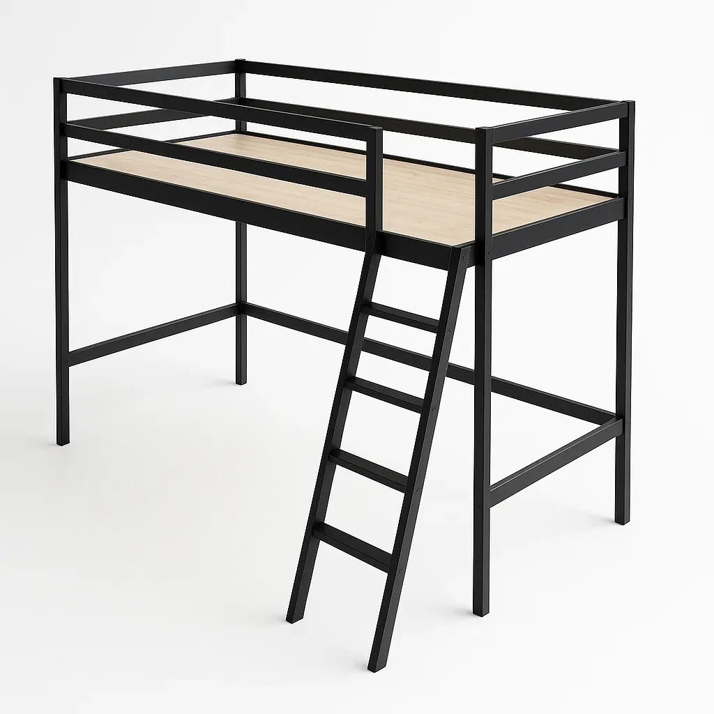 Letto a soppalco in Metallo Nero con Piano in Legno Chiaro