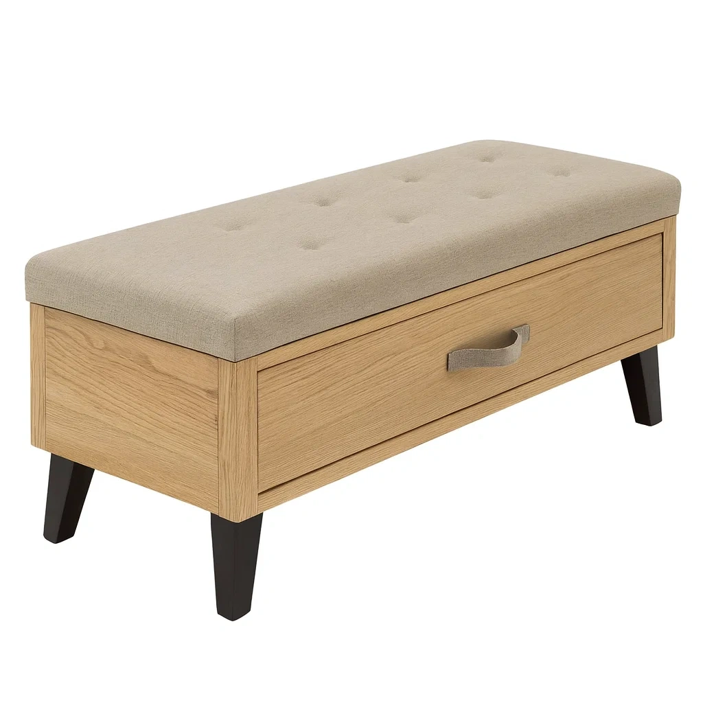 Panca contenitore in Legno e Tessuto Beige con Cassetto