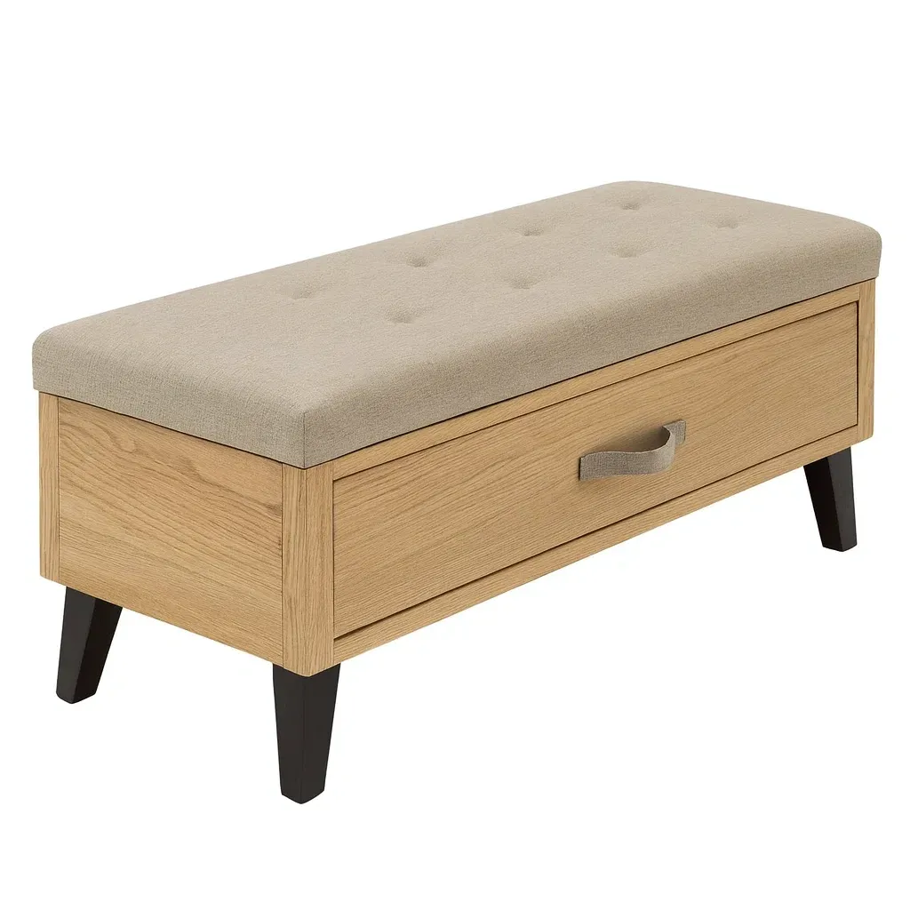 Panca contenitore in Legno e Tessuto Beige con Cassetto
