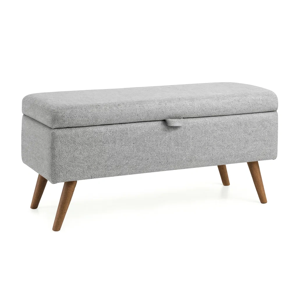 Panca contenitore in Tessuto Grigio con Gambe in Legno