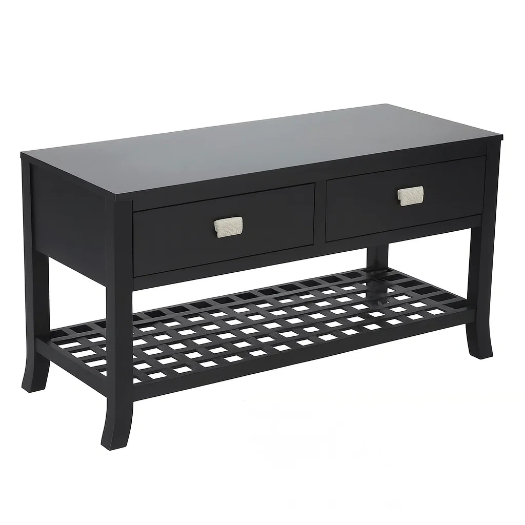 Panca contenitore in Legno MDF Nero con Cassetti e Ripiano a Griglia