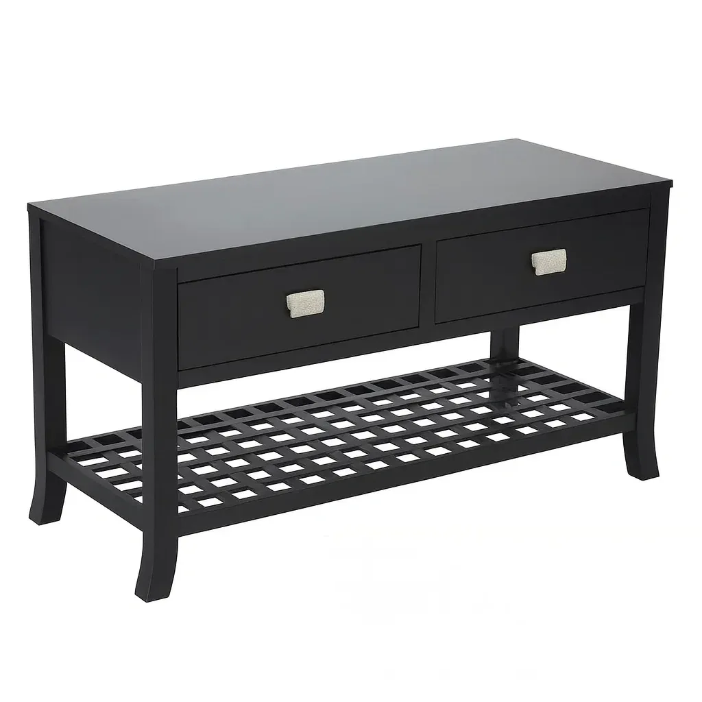 Panca contenitore in Legno MDF Nero con Cassetti e Ripiano a Griglia