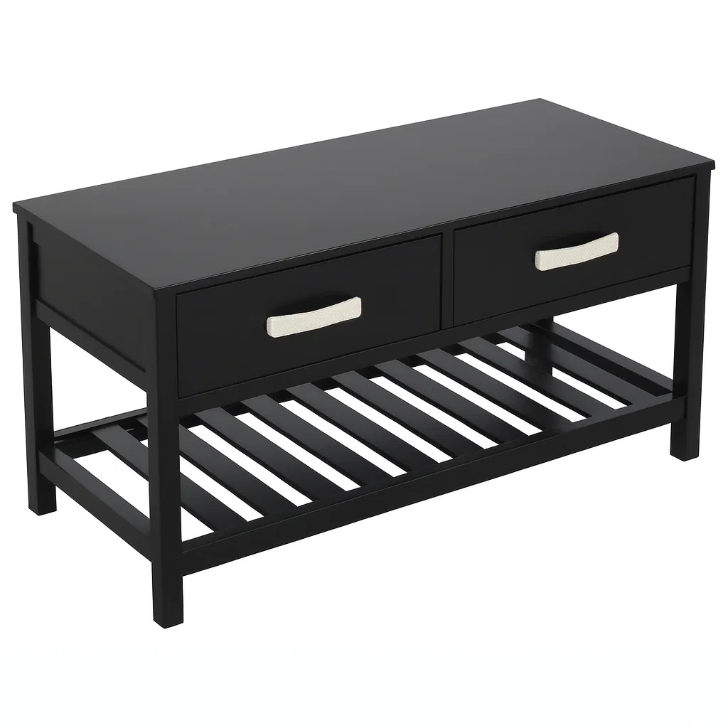 Panca contenitore in Legno MDF Nero con Cassetti e Maniglie in Metallo 100x40x45 cm