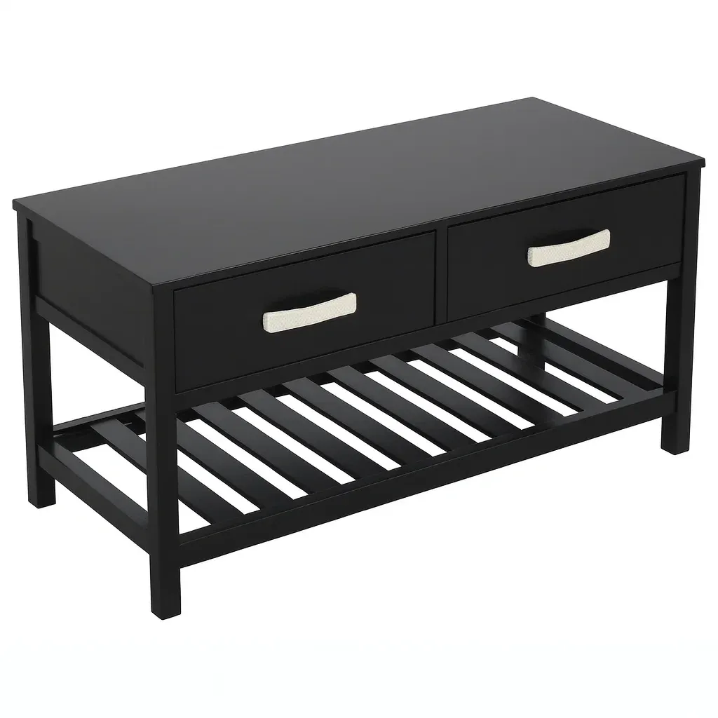 Panca contenitore in Legno MDF Nero con Cassetti e Maniglie in Metallo 100x40x45 cm