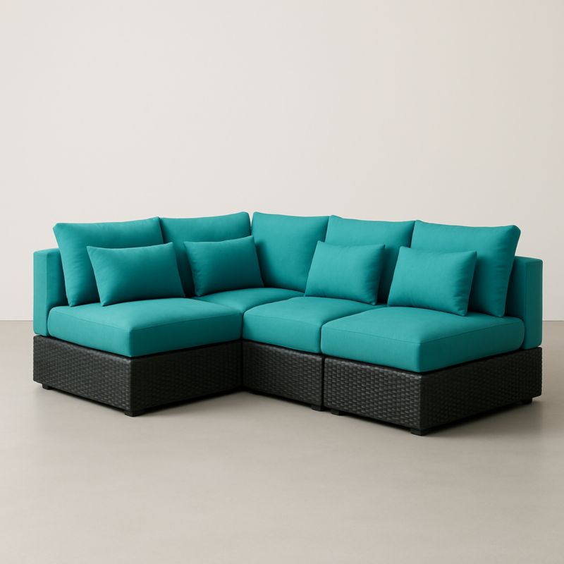 Canapé d'angle modulable en osier et tissu bleu