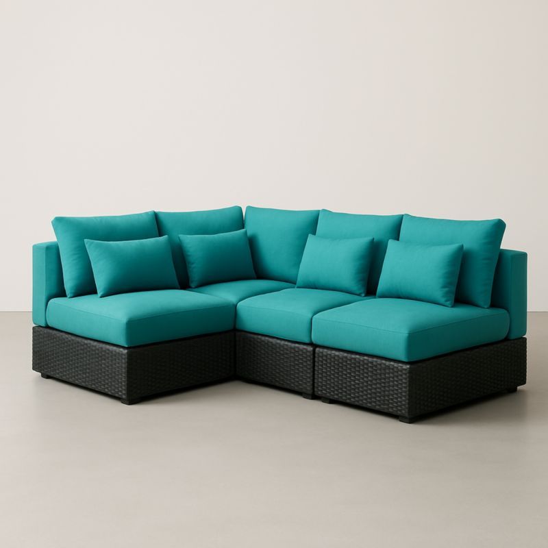 Canapé d'angle modulable en osier et tissu bleu