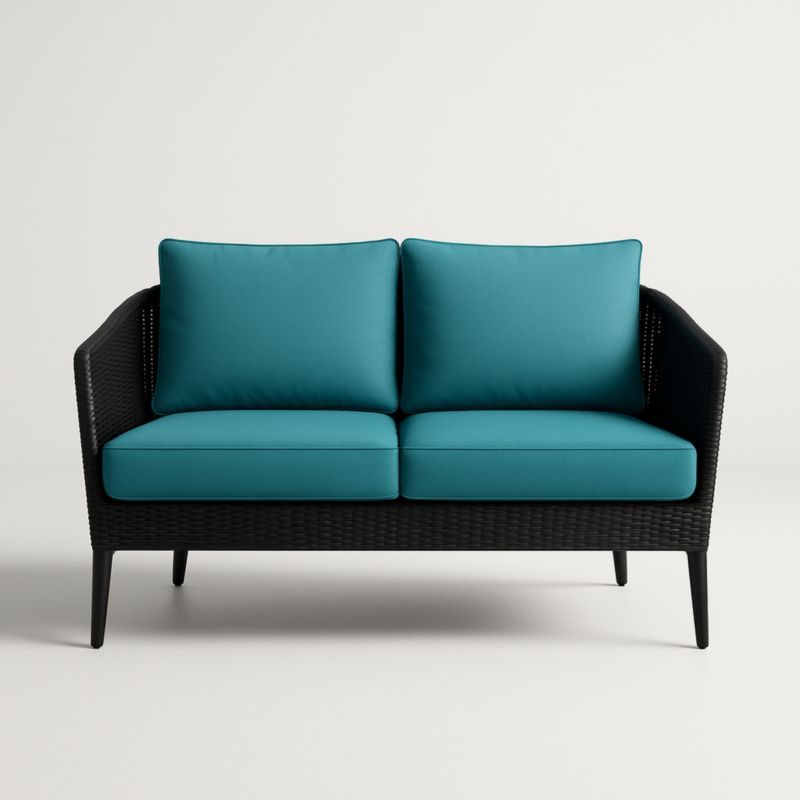 Canapé 2 places extérieur rotin synthétique noir et coussins turquoise