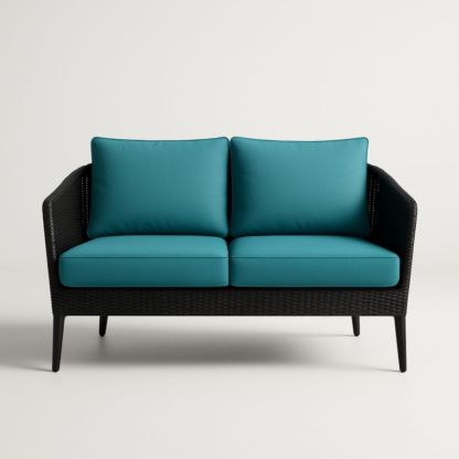 Canapé 2 places extérieur rotin synthétique noir et coussins turquoise