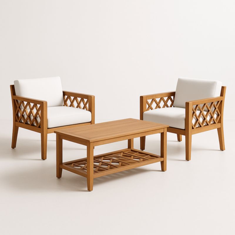 Ensemble de Salon de Jardin en Bois avec Coussins Blancs