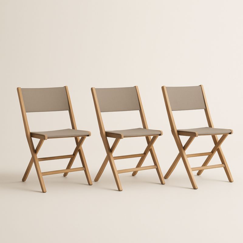 Lot de 3 chaises pliantes en bois et tissu polyester beige
