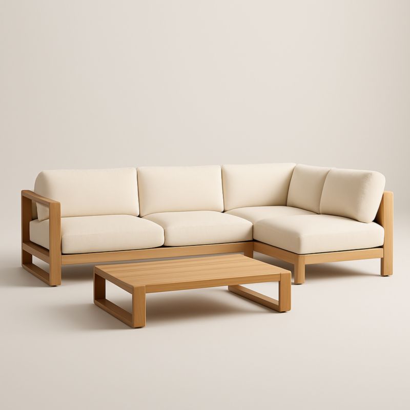 Canapé d'Angle en Bois avec Table Basse et Coussins Crème