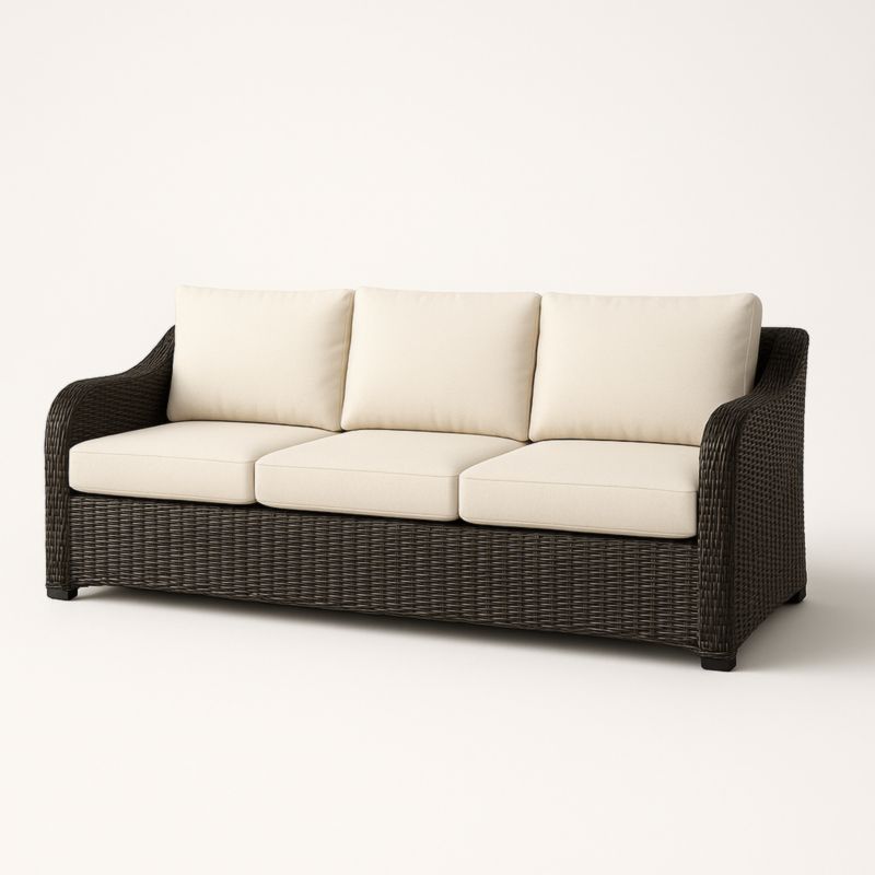 Canapé 3 Places Résine Tressée Noir Coussins Amovibles Beiges