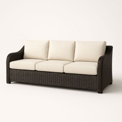 Canapé 3 Places Résine Tressée Noir Coussins Amovibles Beiges