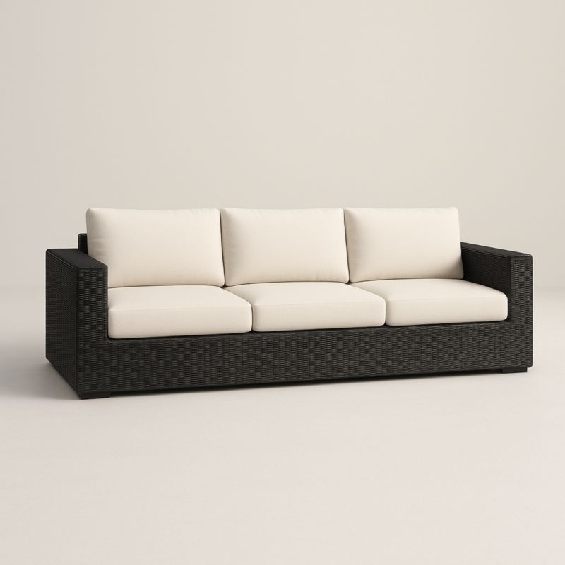 Canapé extérieur trois places en résine tressée noire avec coussins en polyester beige