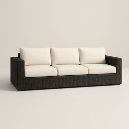 Canapé extérieur trois places en résine tressée noire avec coussins en polyester beige